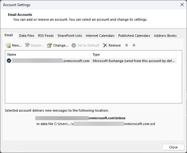 Страница настроек учётной записи почты в Outlook