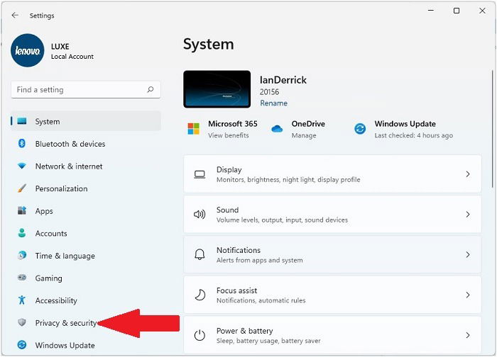 Pagina Impostazioni di Windows 11 — Privacy e sicurezza