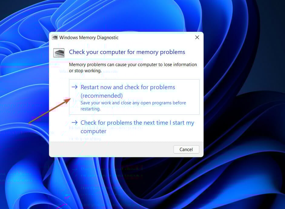 Параметр 'Перезагрузить и проверить наличие проблем' в Диагностике памяти