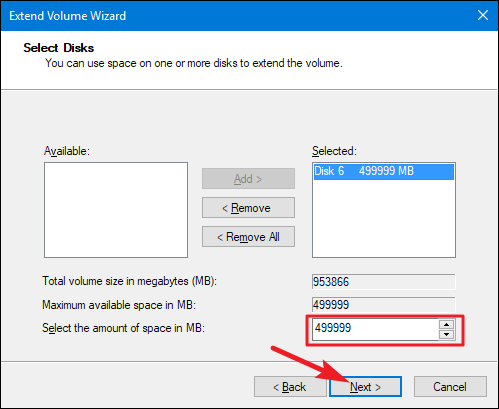 Мастер расширения тома — выбор диска и объёма