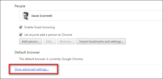 Раздел дополнительных параметров настроек Chrome