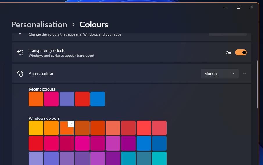 Палитра цветов Windows для выбора акцента