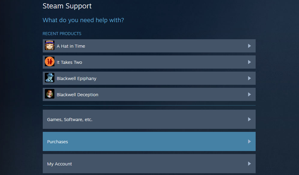 Страница поддержки Steam с выделенным разделом 'Покупки'