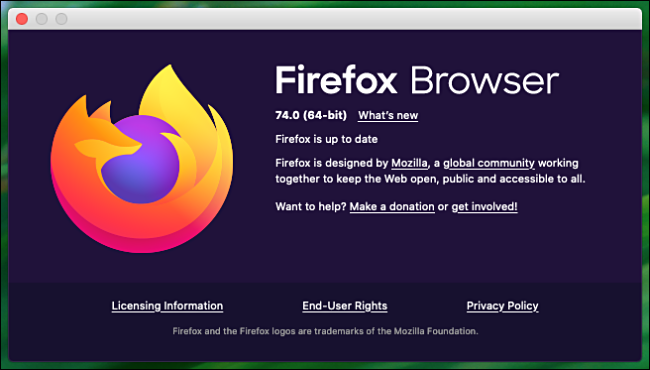 Окно «О Firefox» на Mac