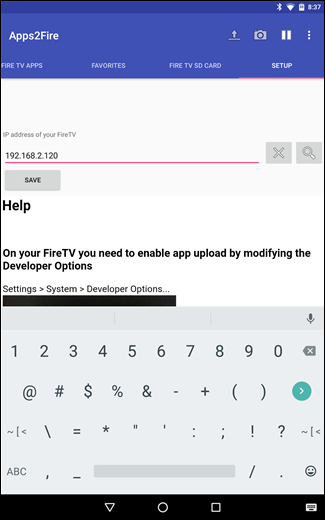 Скриншот экрана настройки Apps2Fire с полем ввода IP