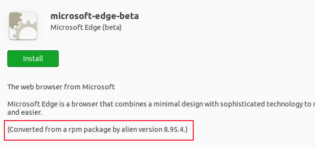 Диалог установки в Ubuntu Software, показывающий, что пакет создан alien