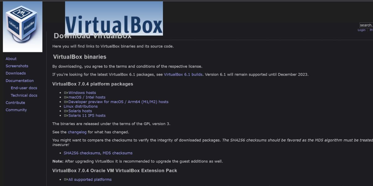 Страница загрузки VirtualBox 7.0 (сайт)