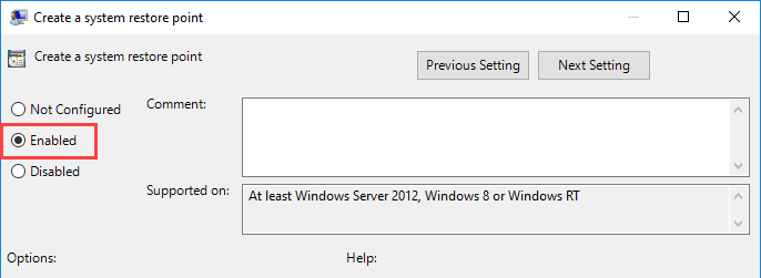 Включение политики создания точки восстановления