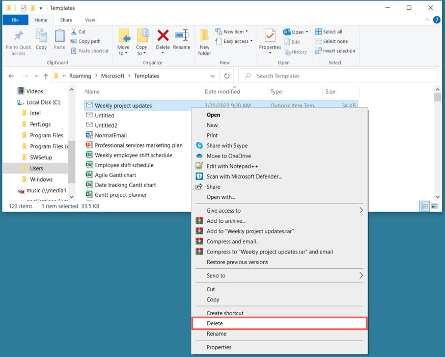 Удаление в меню Windows