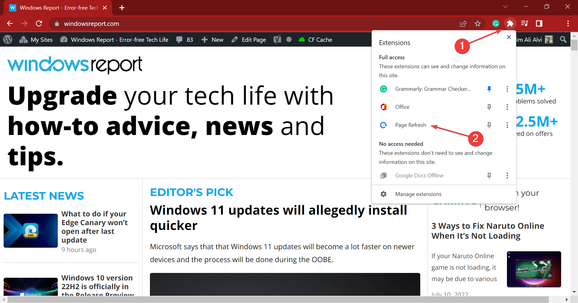 Меню расширений в Chrome с выбранным Page Refresh