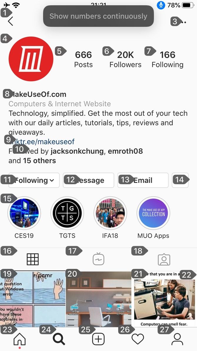 Пример экранных номеров в Instagram для Voice Control