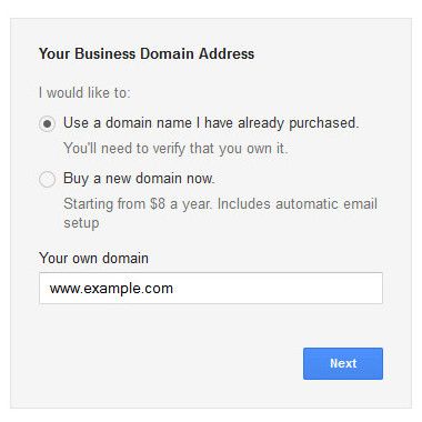 Окно регистрации учётной записи Google Apps