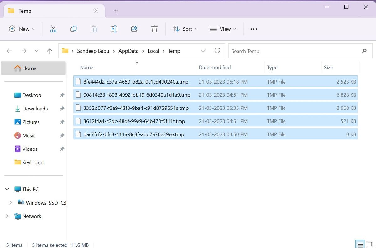 Снимок экрана папки временных файлов