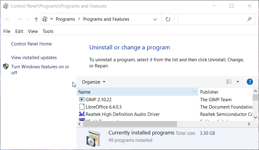 Окно Программы и компоненты (Programs and Features)