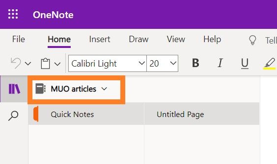 Стрелка раскрывающегося меню для доступа ко всем блокнотам