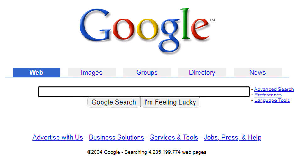 Скриншот домашней страницы Google в 2004 году