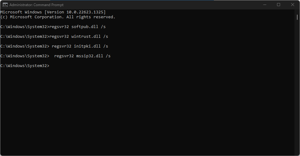 Результат успешной регистрации DLL через regsvr32