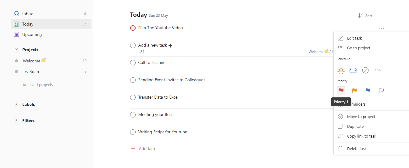 Настройки приоритетов в Todoist — выбор флага