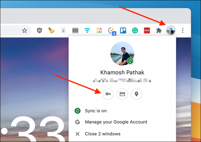 Иконка профиля и пункт Пароли в Chrome