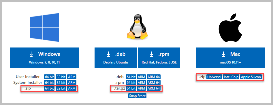Опции загрузки VS Code на странице загрузки