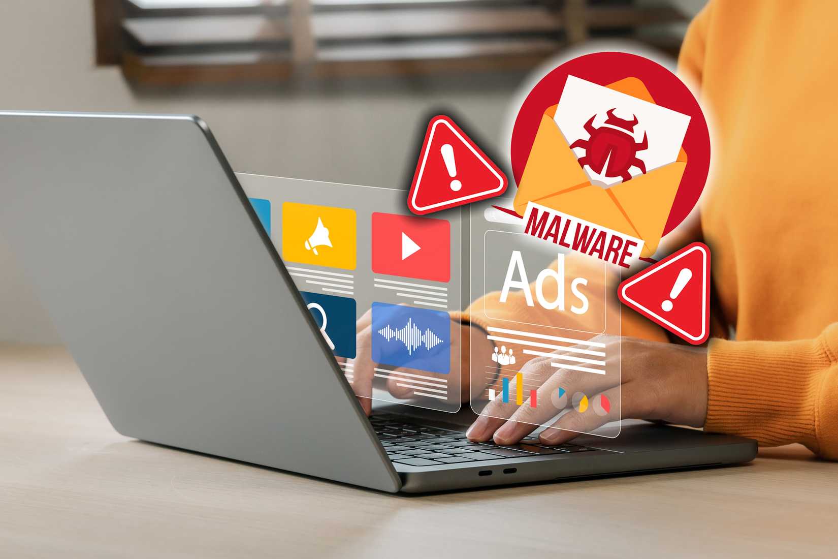 Человек просматривает интернет на ноутбуке с индикатором вредоносного ПО