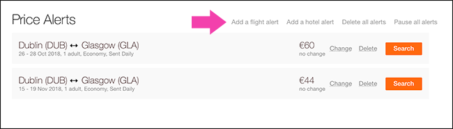 Кнопка «Add a Flight Alert» в интерфейсе Kayak