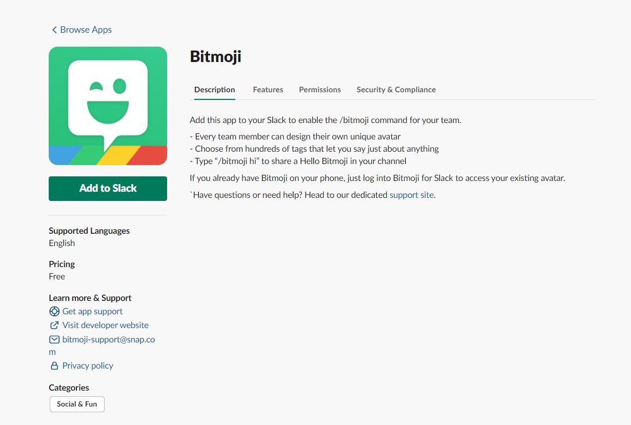 Кнопка Добавить в Slack на странице приложения