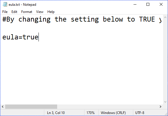 Откройте eula.txt в Блокноте и замените eula=false на eula=true