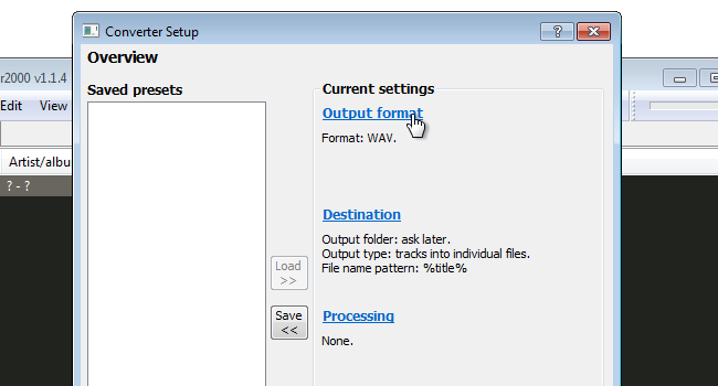 Окно настроек конвертера Foobar2000