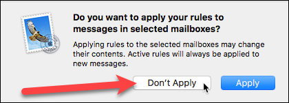 Диалог с выбором не применять правило к уже полученным сообщениям