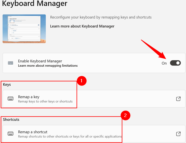 Убедитесь, что переключатель «Enable Keyboard Manager» включён.