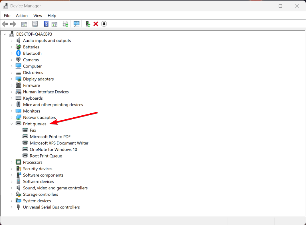 Список очередей печати в диспетчере устройств