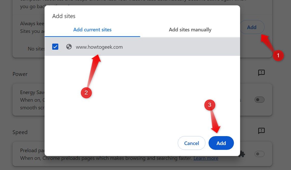 Добавление сайта в белый список Memory Saver в настройках Chrome.