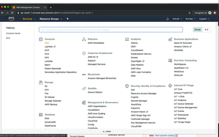 Сервис EC2 в списке AWS