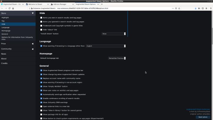Расширенные параметры Augmented Steam