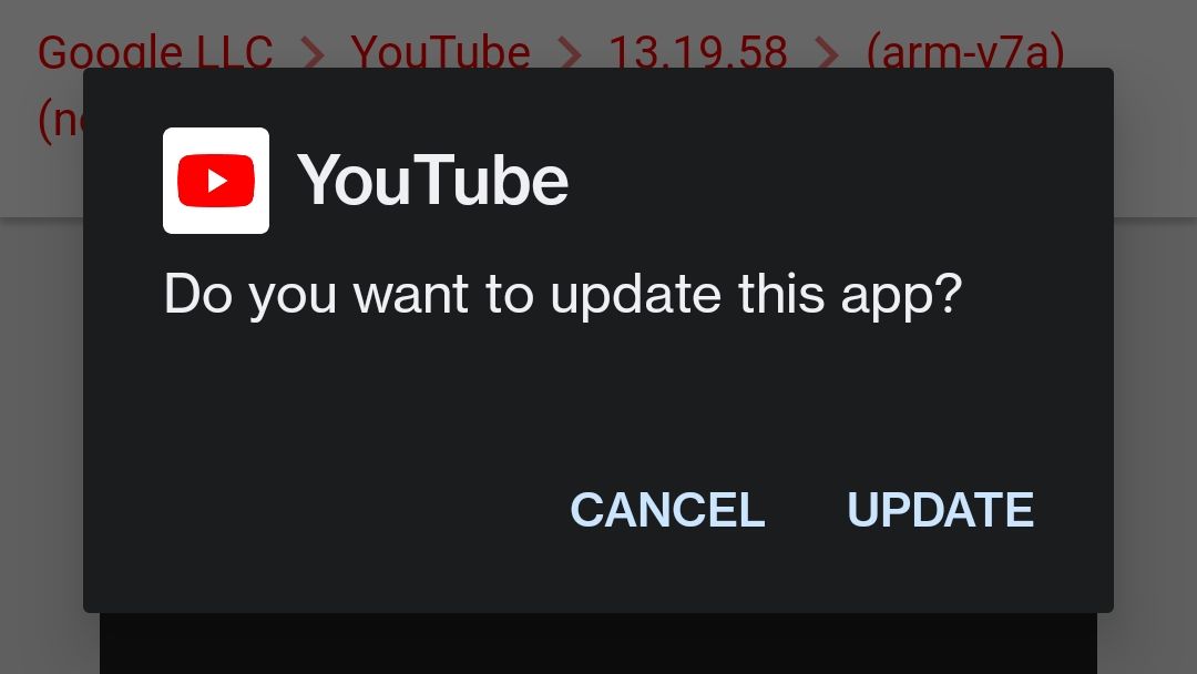 Диалог подтверждения установки обновления YouTube из APK