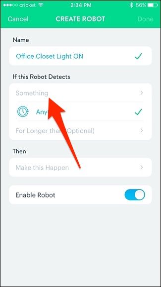 Выбор триггера — 'Something' в секции 'If this Robot Detects'