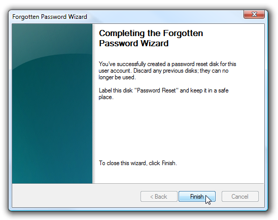 Сообщение об успешном создании диска сброса пароля