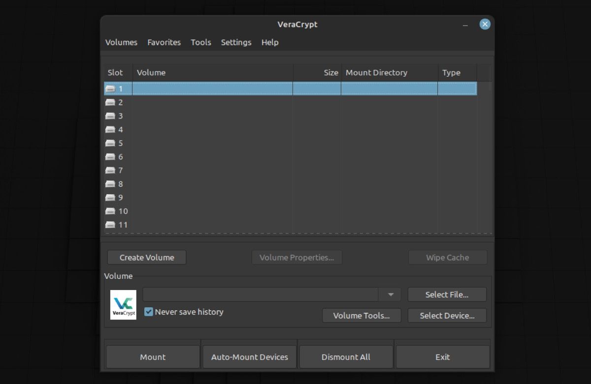 выбор тома в veracrypt