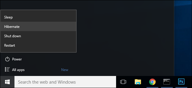 Меню питания с пунктом гибернации