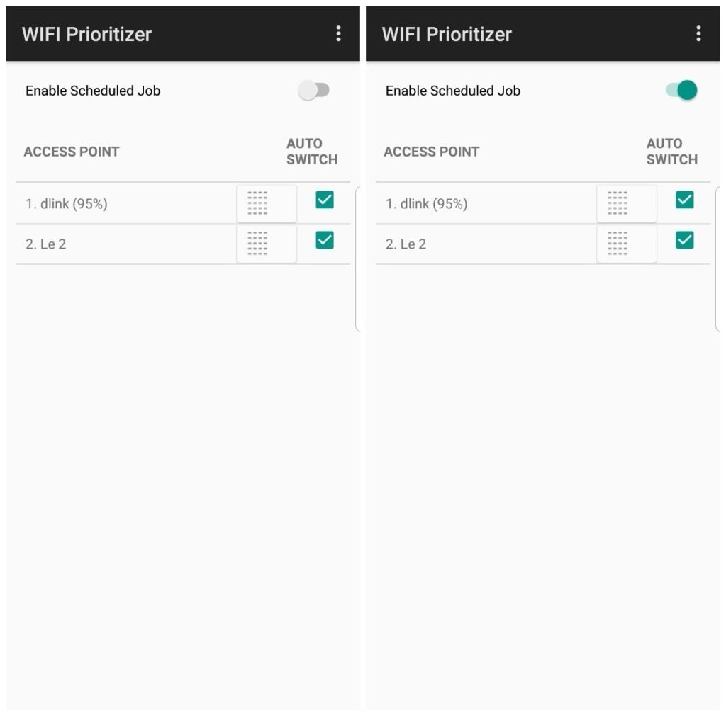 Экран настроек WiFi Prioritizer: включение запланированной задачи