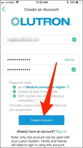 Экран создания аккаунта Lutron
