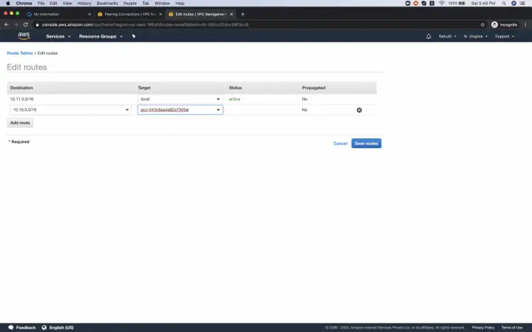 Добавление маршрута с указанием CIDR удалённой VPC и выбора peering connection