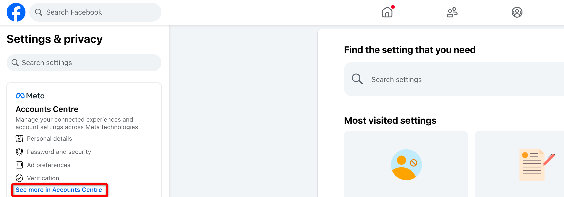Открытие Центра учётных записей на Facebook.