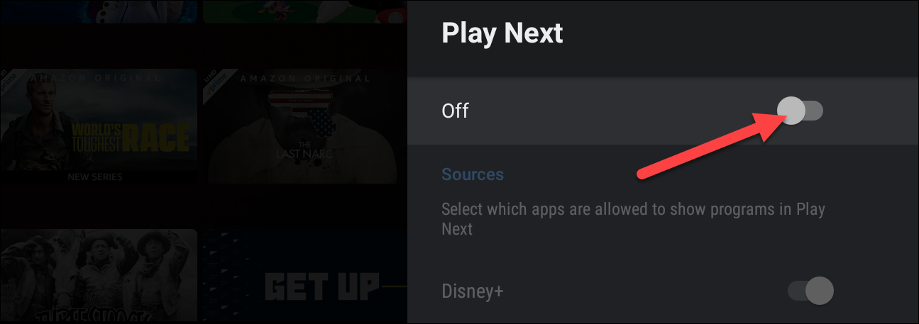 Переключатель отключения строки Play Next на Android TV.