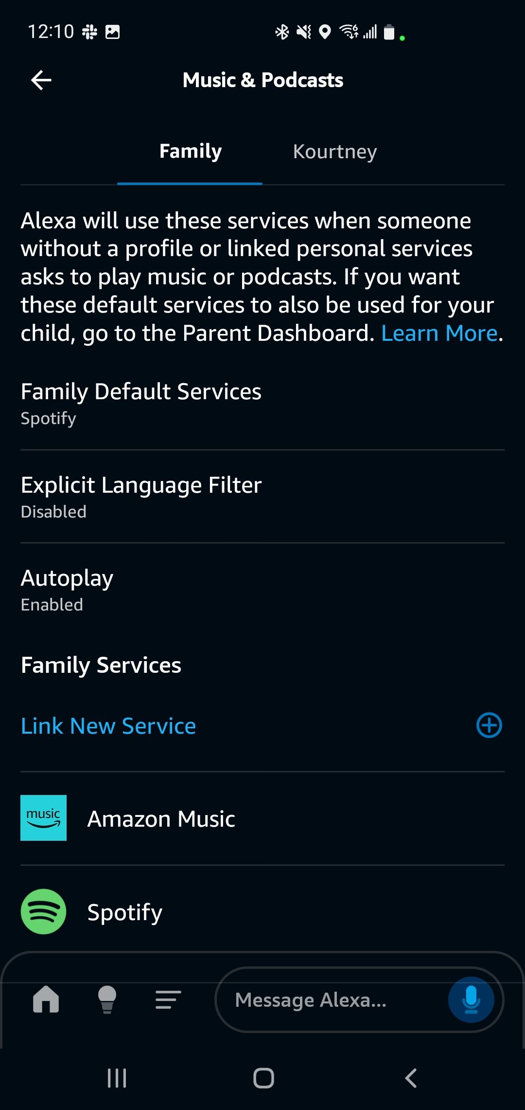 Настройки музыки и подкастов в приложении Amazon Alexa.