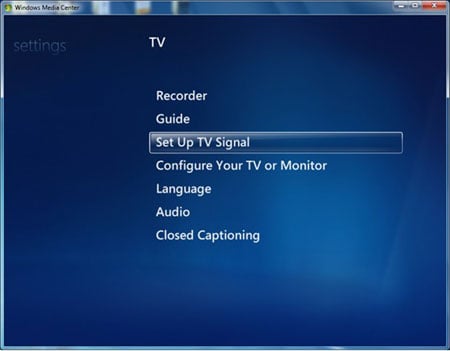 установка сигнала ТВ в Media Center