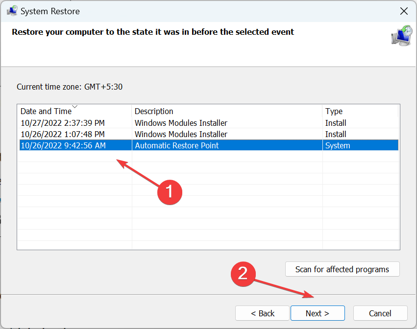 Выбор точки для восстановления системы