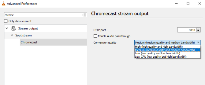 Опции потока Chromecast в VLC