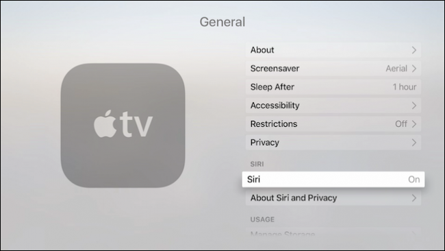 Параметр Siri в настройках Apple TV — переключатель выключен